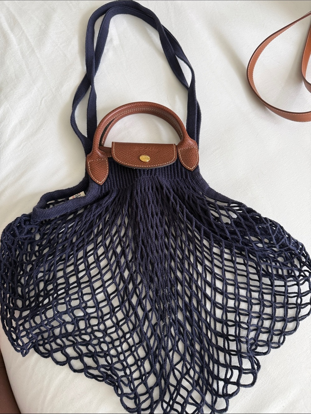 Longchamp Navy Mesh Tote with Brown Leather Trim